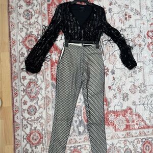 Black Sequin Bodysuit and Black sequin pants with white silk inside